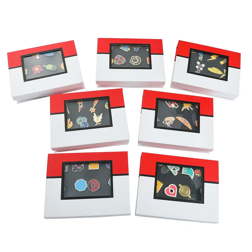 Pokemon Gym Badge Pin Set - Kanto to Kalos League Region Collectible Brooch Box