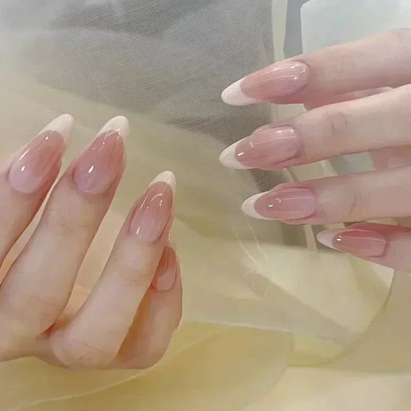 24Pcs French Press On Nails - Almond Fake Nail Tips with Glue, White Edge Design & Pink Stiletto Style Manicure Set