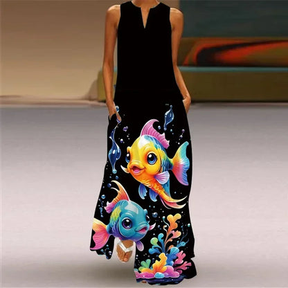 Women’s Retro V-Neck Summer Dress - Sleeveless Printed Maxi Swing Skirt with Loose Comfortable Fit
