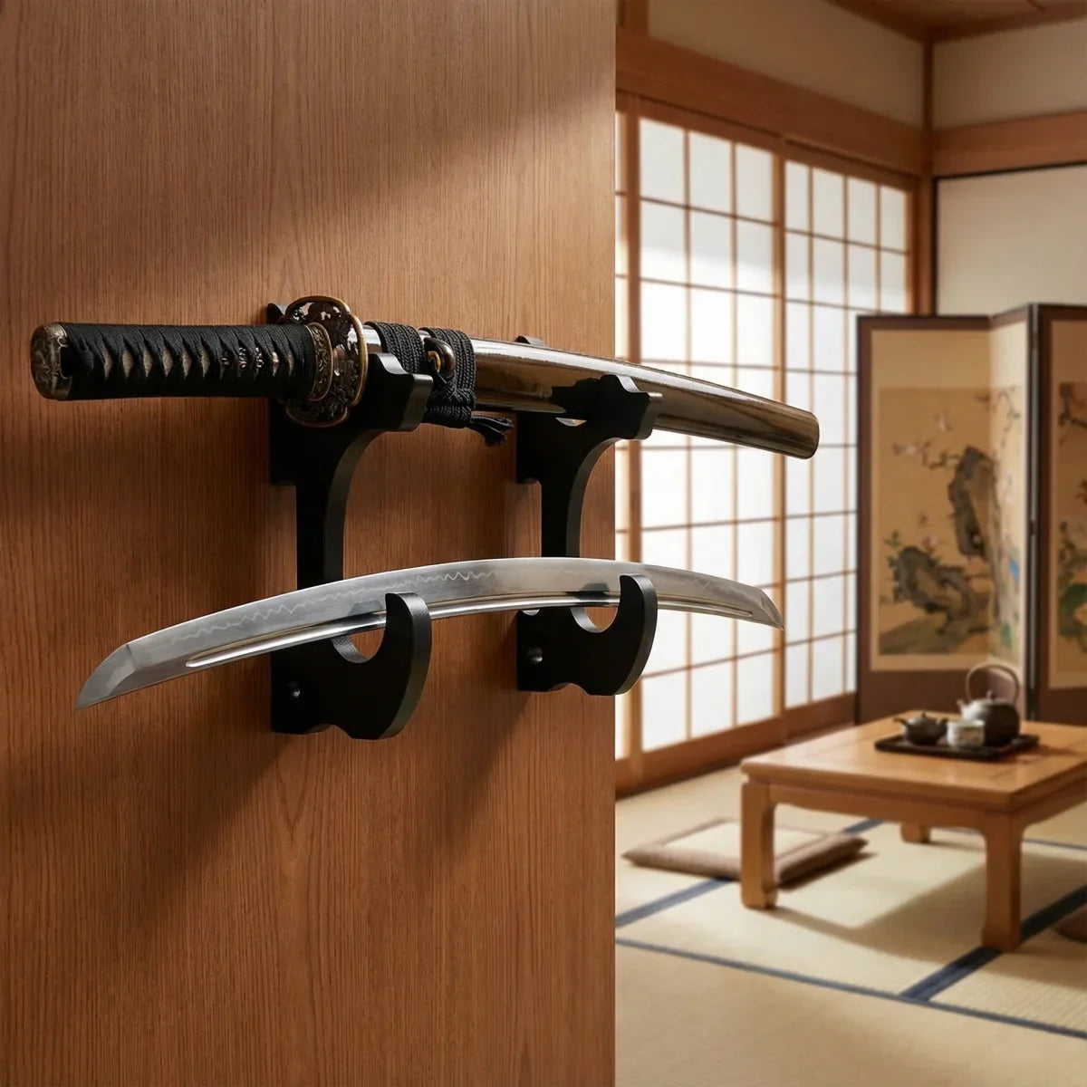 Wall Mounted Sword Display Rack - Wooden Katana & Weapon Storage Shelf for Samurai Decor Collection