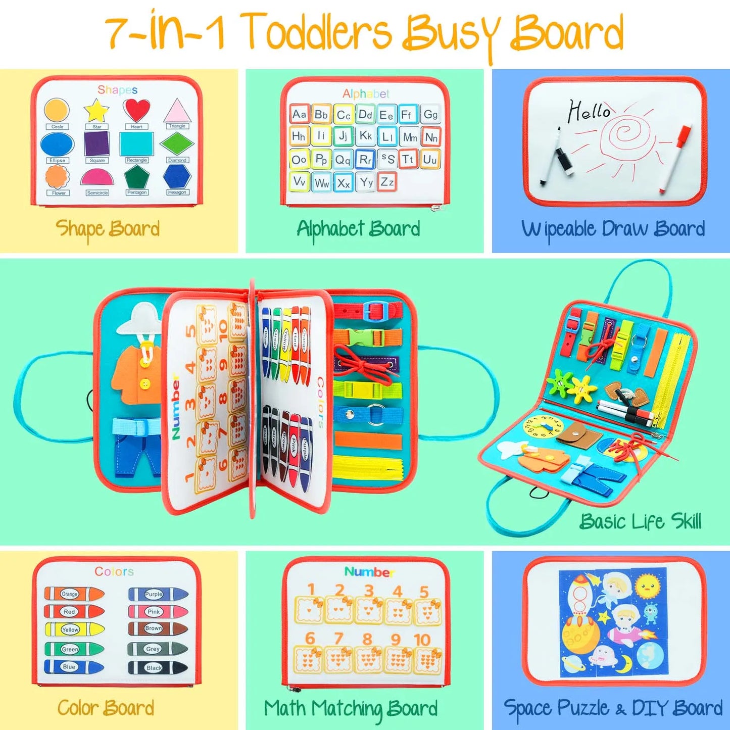 Montessori Toddler Busy Board – Educational Activity for Basic Dress Motor Skills, Baby Learning Toy for Travel