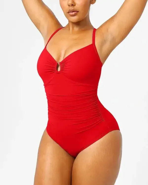 Smart Sculpt U-Ring One Piece Swimsuit - Shiny V-Neck Ruching Waist Backless Shaping Beachwear