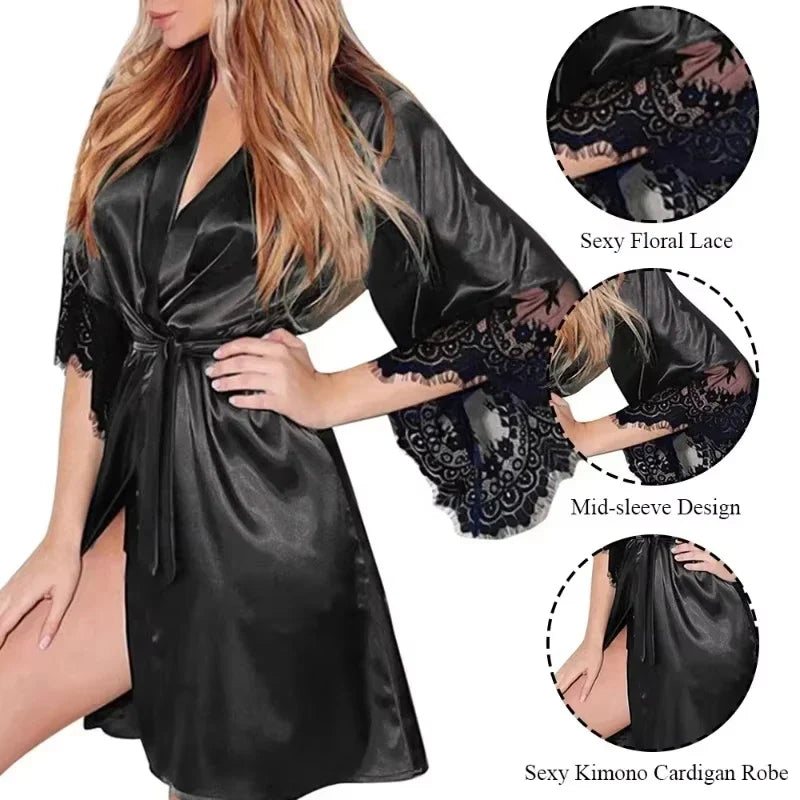 Women Floral Lace Night Gown Robe - Sexy Satin Sleepwear Set with G-String, Short Sleeve Bathrobe & French Style Nightdress