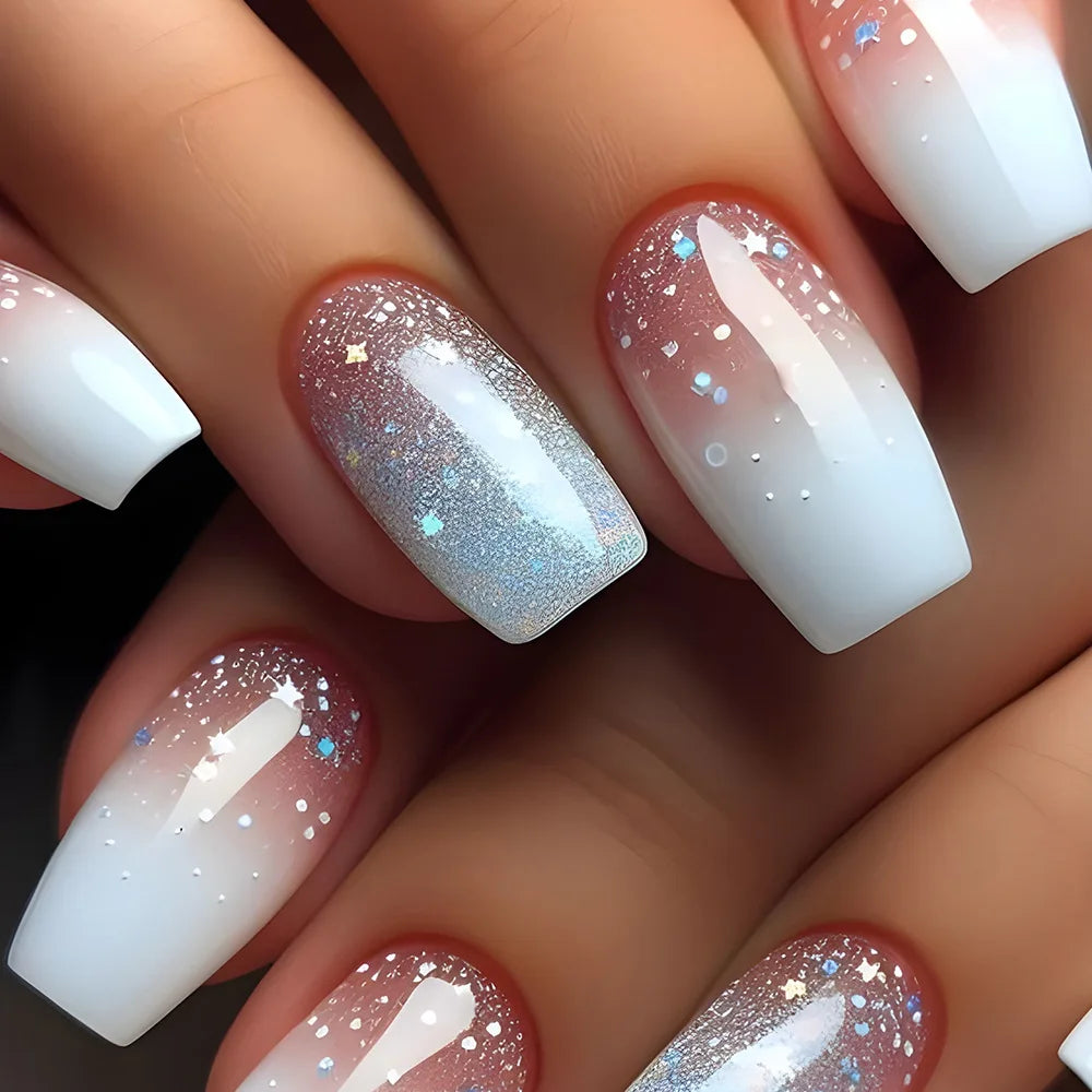 24Pcs Square Press On Nails - Nude White Gradient French False Nail Tips with Full Cover Short Design