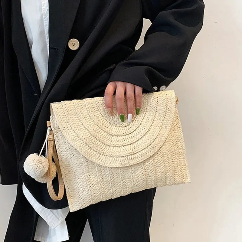 Handmade Straw Beach Bag – Small Woven Summer Shoulder Crossbody Clutch with Hair Ball