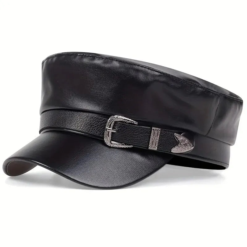 Fashion Women’s & Men’s Leather Sailor Hat – Large Belt Buckle Beret, Flat Top Captain Military Cap for Spring & Autumn