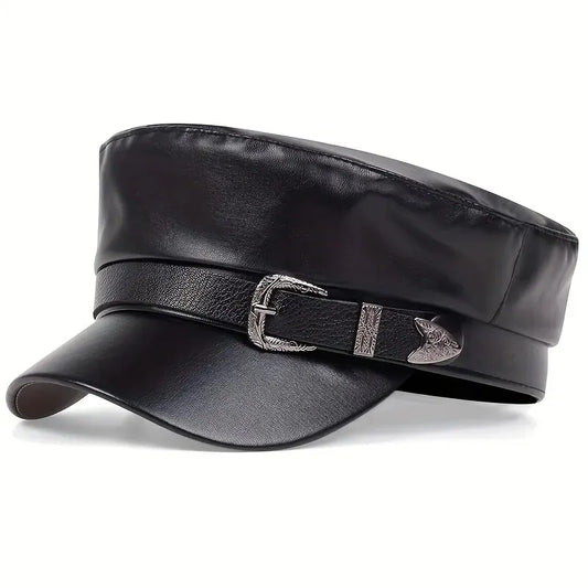 Large Buckle Leather Beret Hat - Fashion Sailor Military Cap for Women and Men