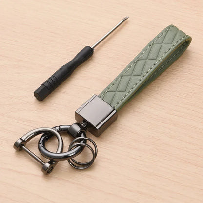 5-Color Genuine Leather Plaid Keychain – Luxury Black Buckle Car Key Ring for Men & Women, Gift for Friends