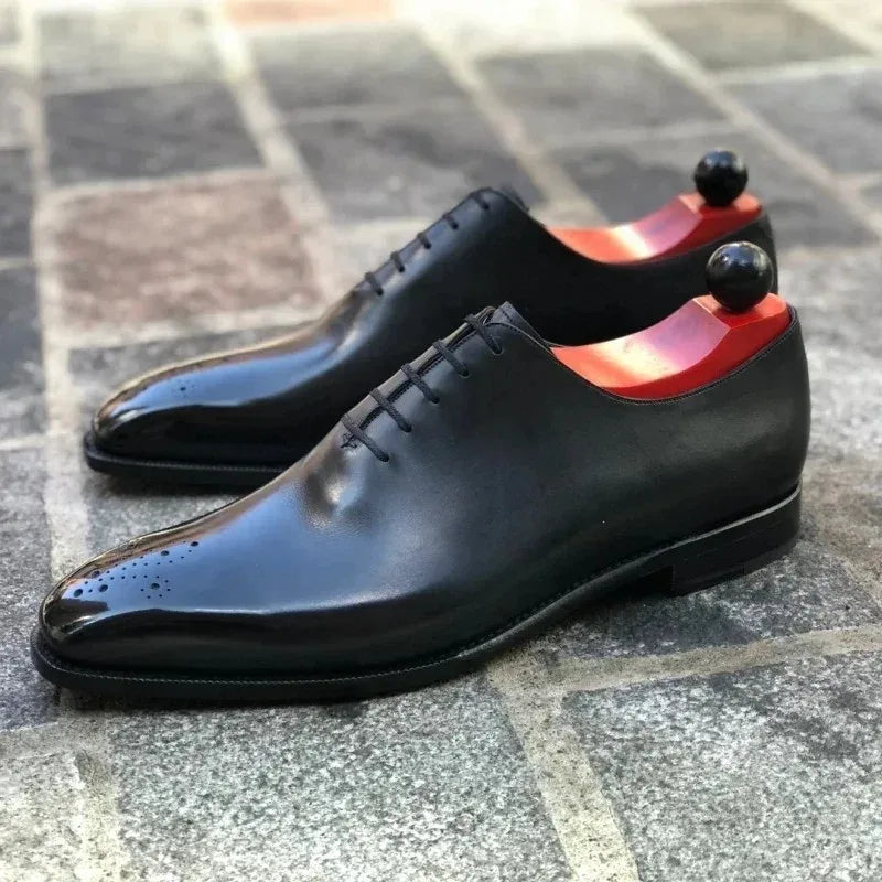 Men’s Black Red-Sole Brogue Shoes - Lace-Up Round Toe Business & Formal Dress Shoes