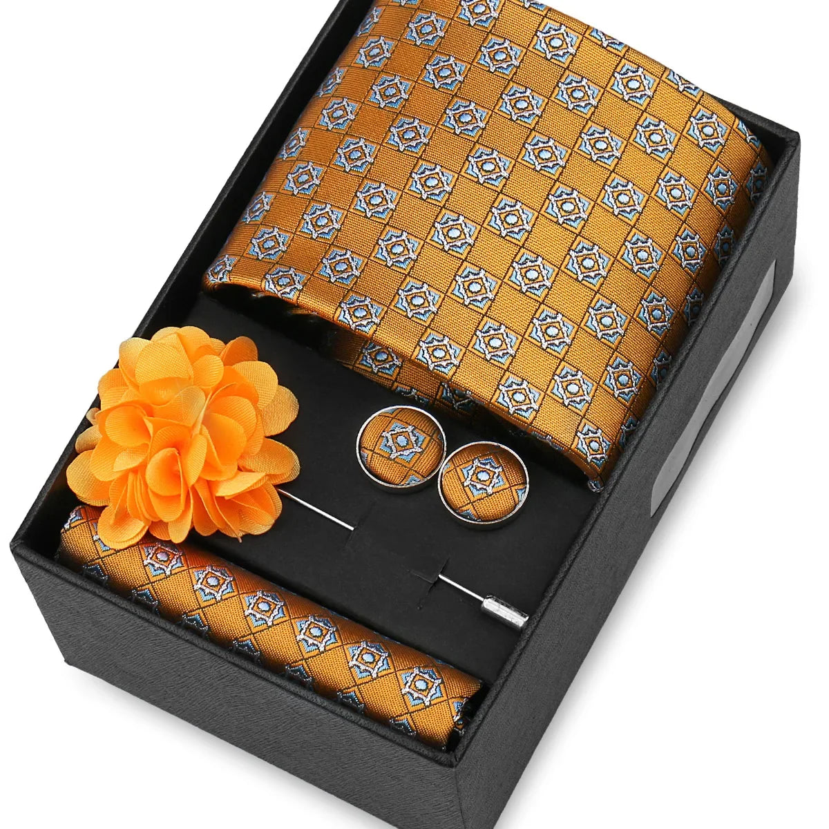 Elegant Men’s Necktie Gift Set - Fashion Tie with Handkerchief, Cufflinks & Brooch Pin Accessories for Business & Wedding