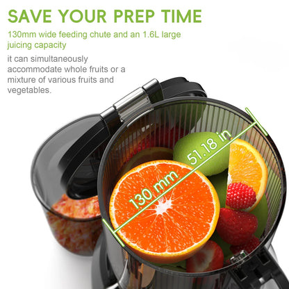 BioloMix Cold Press Juicer — 130mm Feed Chute, Whole Fruit & Vegetable Slow Masticating Juicer, High Yield BPA-Free