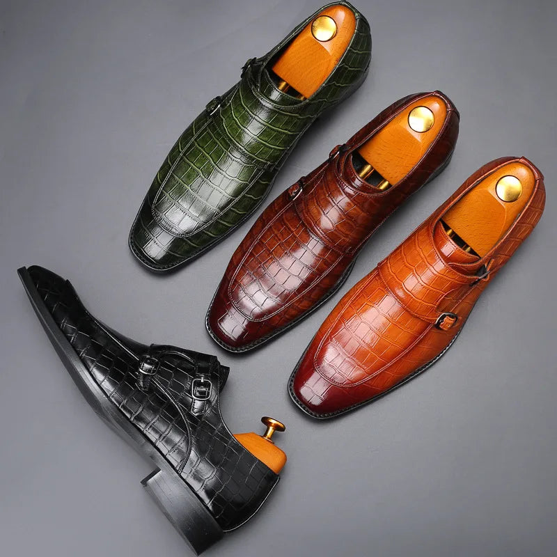Men’s Crocodile Grain Leather Brogue Shoes - Luxury Buckle Dress Shoes for Business, Wedding and Party Wear
