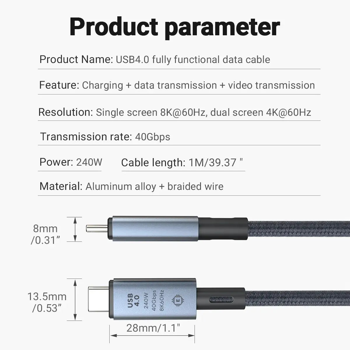 240W USB-C to USB-C Fast Charging Cable — 39.37” Braided High-Speed 40Gbps with 8K Video for iPhone 15 Pro/Max & Samsung Galaxy S22/23