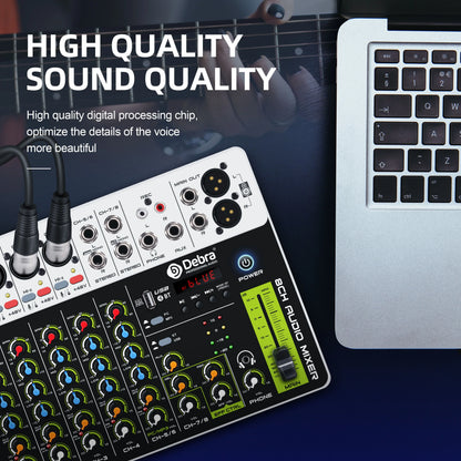 Debra V8 8-Channel Audio Mixer – Bluetooth & USB Mixer with 48V Phantom Power, Delay/Repeat Effects for PC Recording & Sound Console