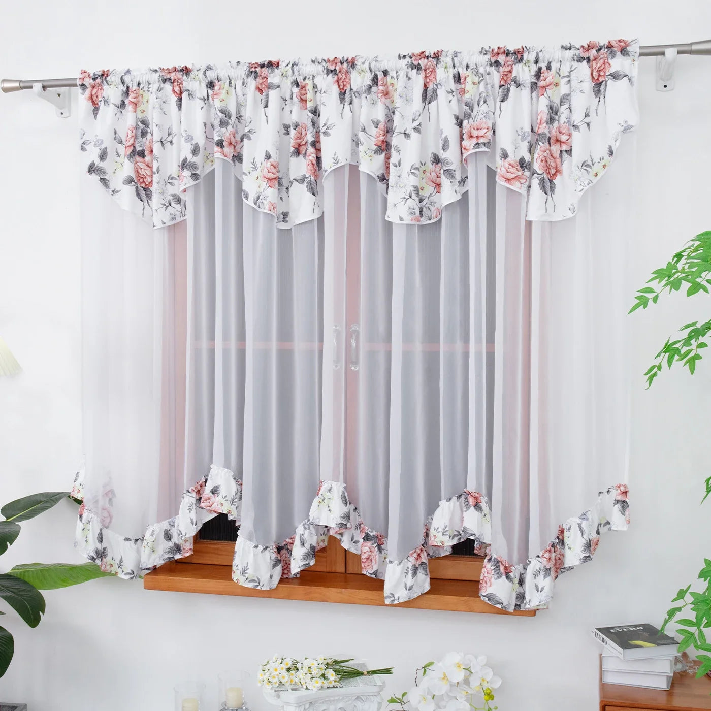 Rural Floral Lace Curtain Panel - Flower Trim Rod Pocket Window Decor for Living Room Bedroom Kitchen