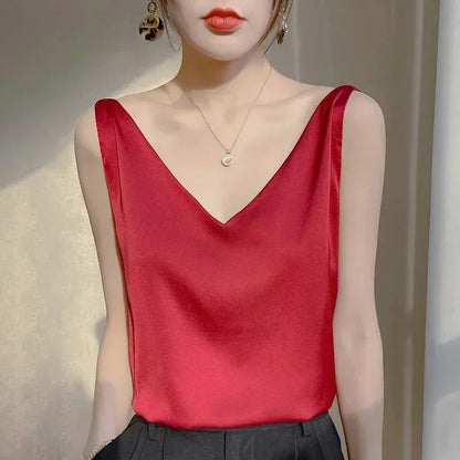 Women's V Neck Satin Silk Top - Sleeveless Acetic Acid Blouse for Elegant Summer Fashion