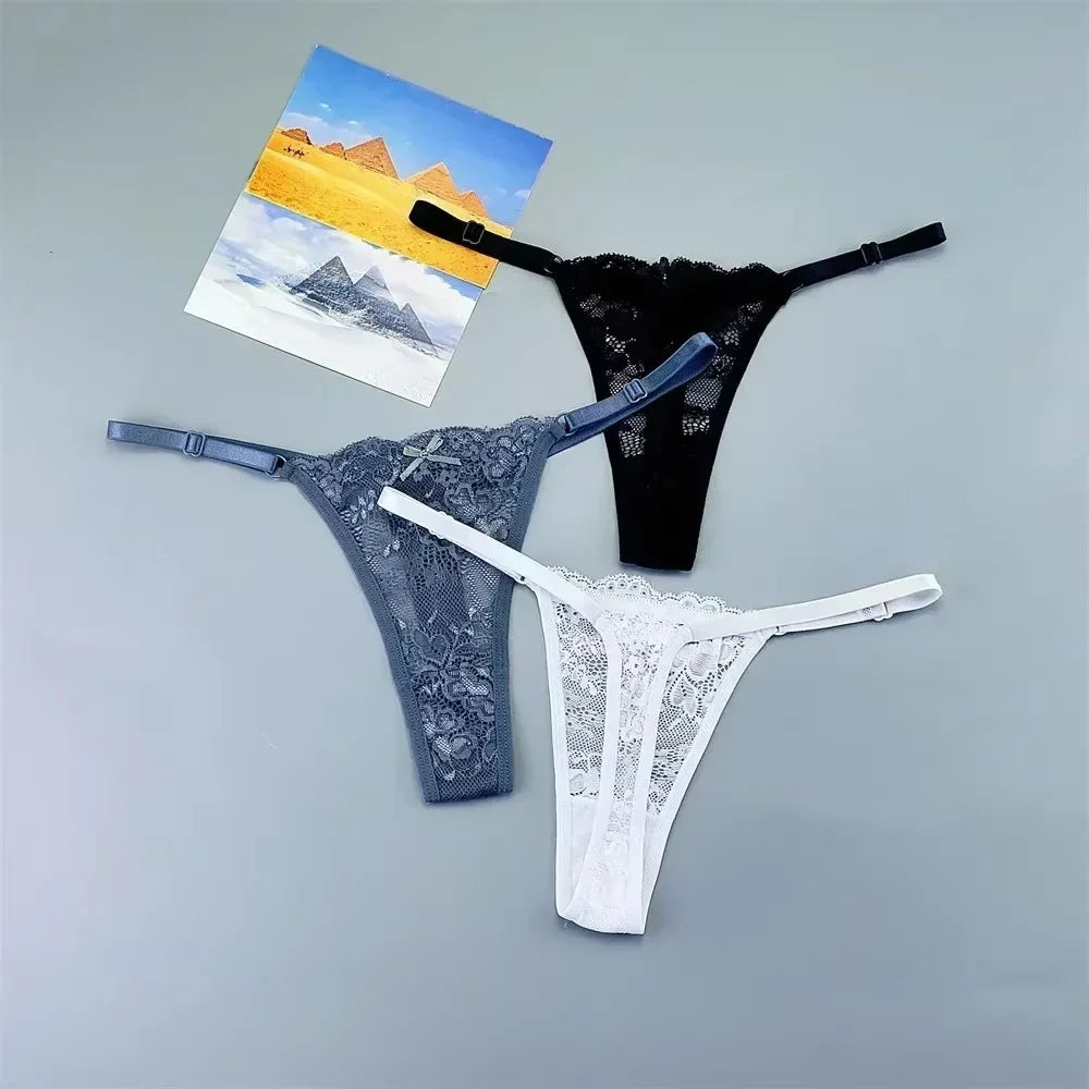 Women's Sexy Lace Thong Set - 3-Piece Sheer G-String Low Waist Plus Size Lingerie