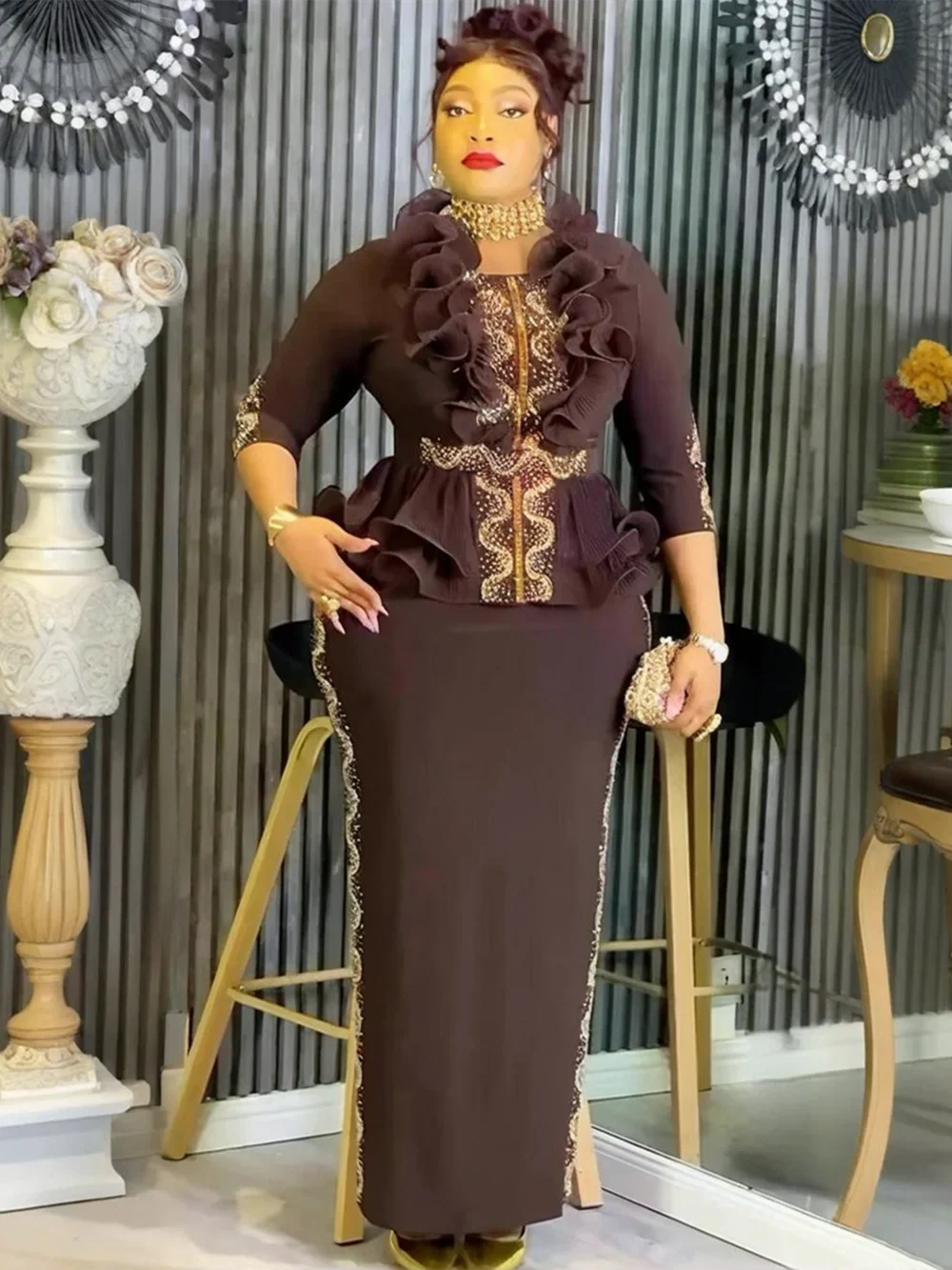 Elegant African Plus Size Ruffle Dress - Long Dashiki Ankara Evening Party Outfit