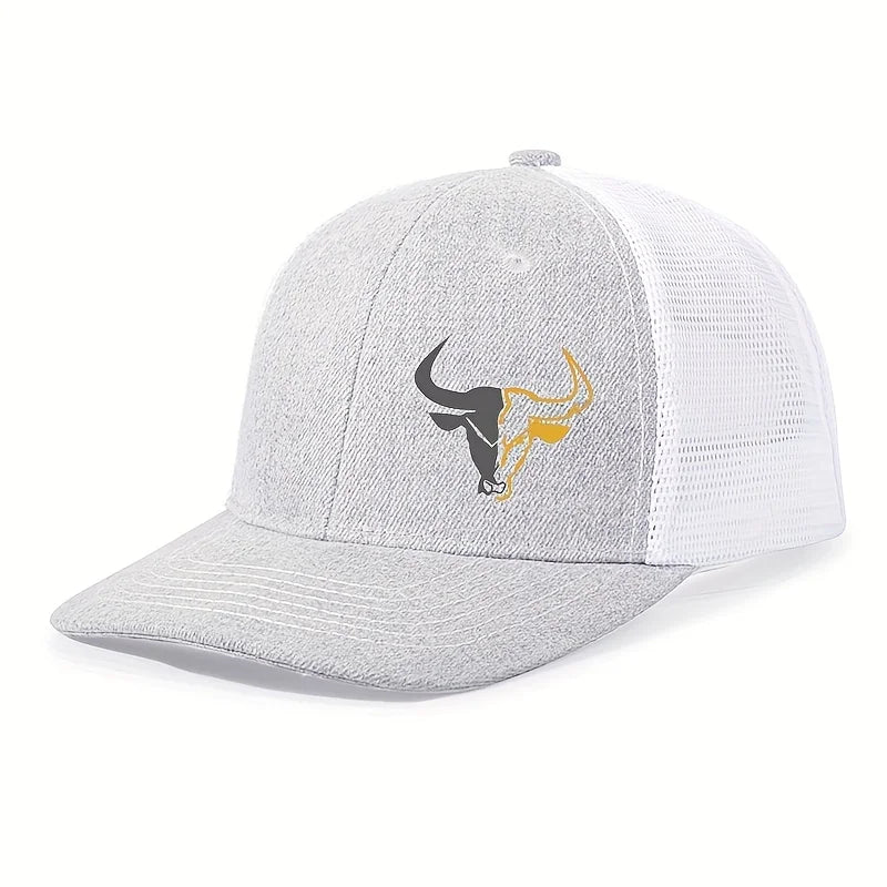 Bull Head Print Mesh Trucker Cap - Breathable Outdoor Baseball Hat for Men & Women Fishing Sports Style