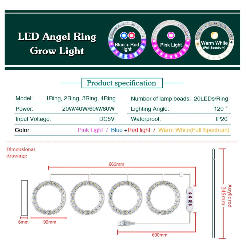 LED Full Spectrum Grow Light — USB 5V Adjustable Height Dimmable Lamp with Timer for Indoor Plants & Herbs