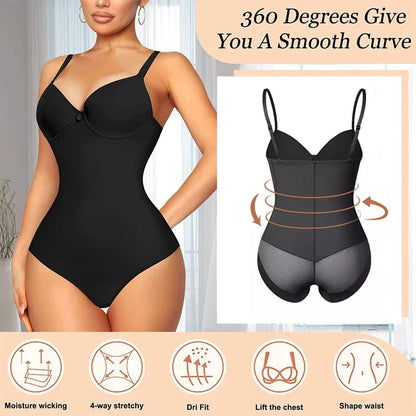 Women’s Slimming Shapewear Bodysuit - V Neck Waist Trainer Jumpsuit with Underwire Bra & Tummy Control Support