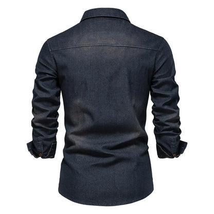 AIOPESON Men's Cotton Denim Shirt - Long Sleeve Slim Fit Casual Cowboy Style Shirt