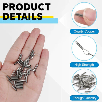 100-Piece Fishing Crimp Sleeve Kit - Single Barrel Wire Rope & Fishing Line Crimping Rings