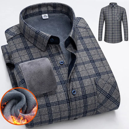 Men’s Fleece Plaid Shirt - Warm Thick Long Sleeve Business Check Shirt with Single Pocket for Autumn & Winter