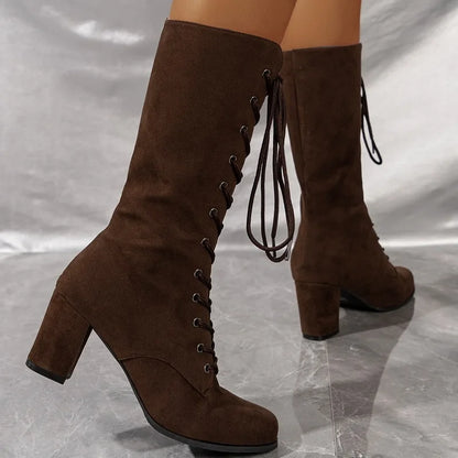 Women’s Winter Chunky Heel Boots - Round Toe Cross-Lace Anti-Slip Wear-Resistant Fashion Shoes