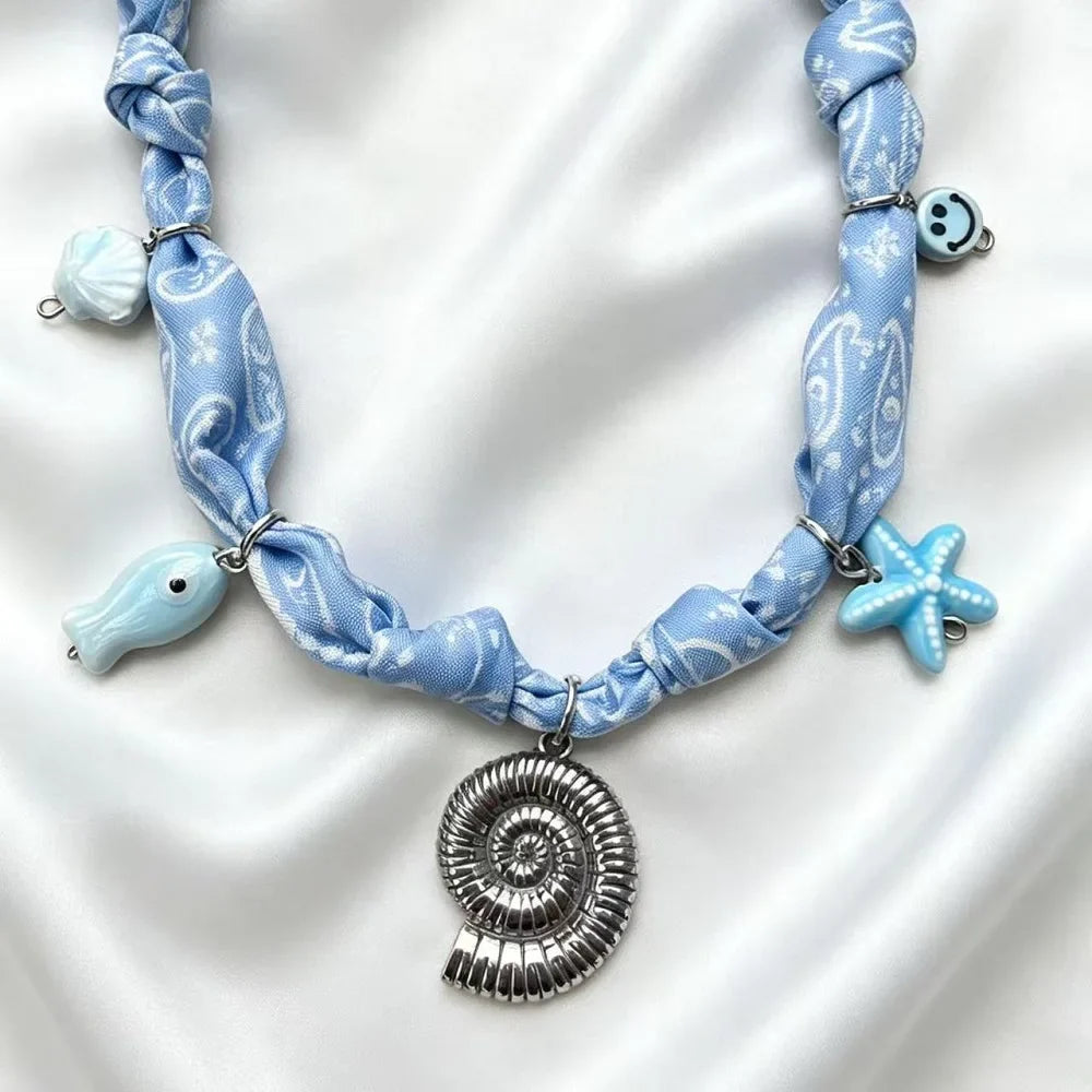 Bohemian Fabric Scarf Necklace - Sea Life, Heart & Floral Charm Pendant Vacation Jewelry Gift for Women
