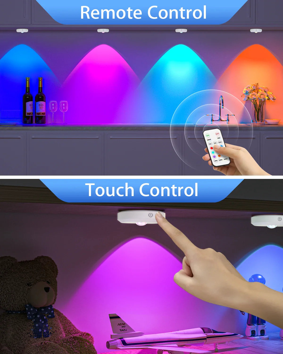 WILLED 6PCS RGB Rechargeable LED Night Lights – Remote Control, Dimmable & Timer Function for Kitchen, Cabinet & Shelf Lighting