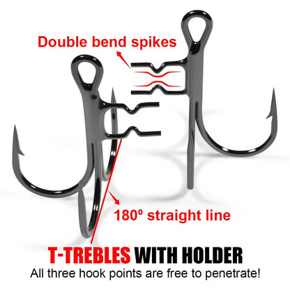 Rosewood Treble Fishing Hook with Holder - Extra Sharp Barbed Triple Hooks for Soft Swimbaits & Rubber Baits