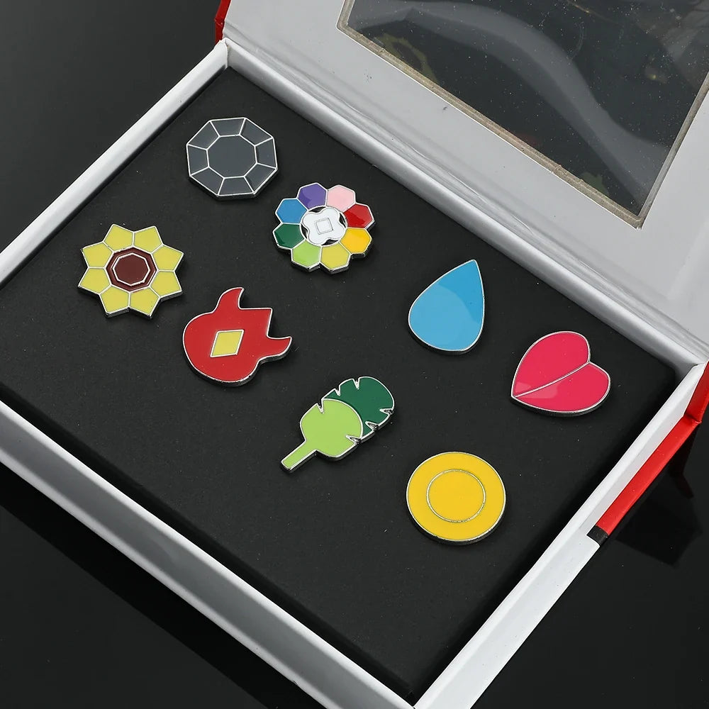 Pokemon Gym Badge Pin Set - Kanto to Kalos League Region Collectible Brooch Box