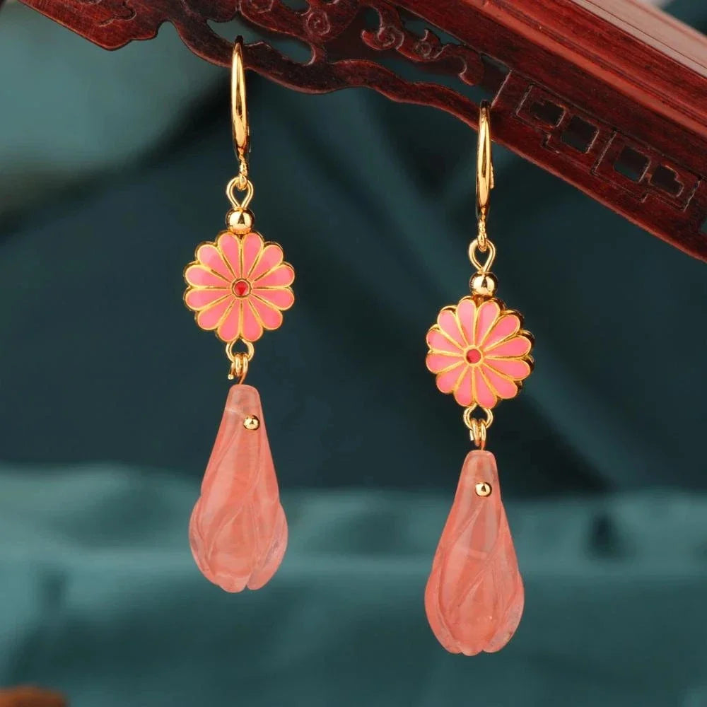 Vintage Flower Drop Earrings - Natural Stone Ethnic Jewelry for Women