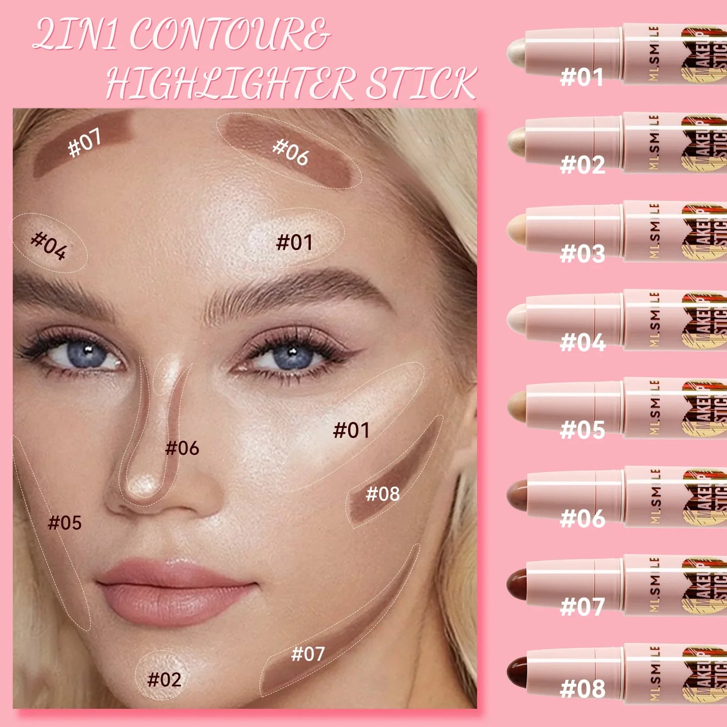 MLSMILE 8-Color High Gloss Pearl Contouring Stick – Face Brightening & 3D Shadow Sculpting Pen