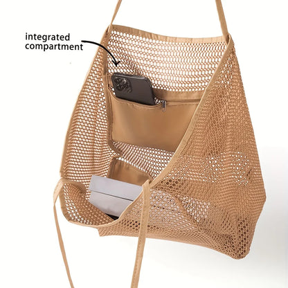 Women's Large Capacity Beach Tote Bag - Durable Polyester Woven Shoulder Bag for Travel & Shopping