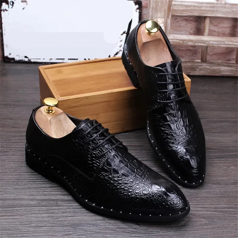 Men’s Alligator Grain Leather Oxford Shoes - Pointed Toe Lace-Up Business & Casual Dress Shoes for Office and Formal Wear