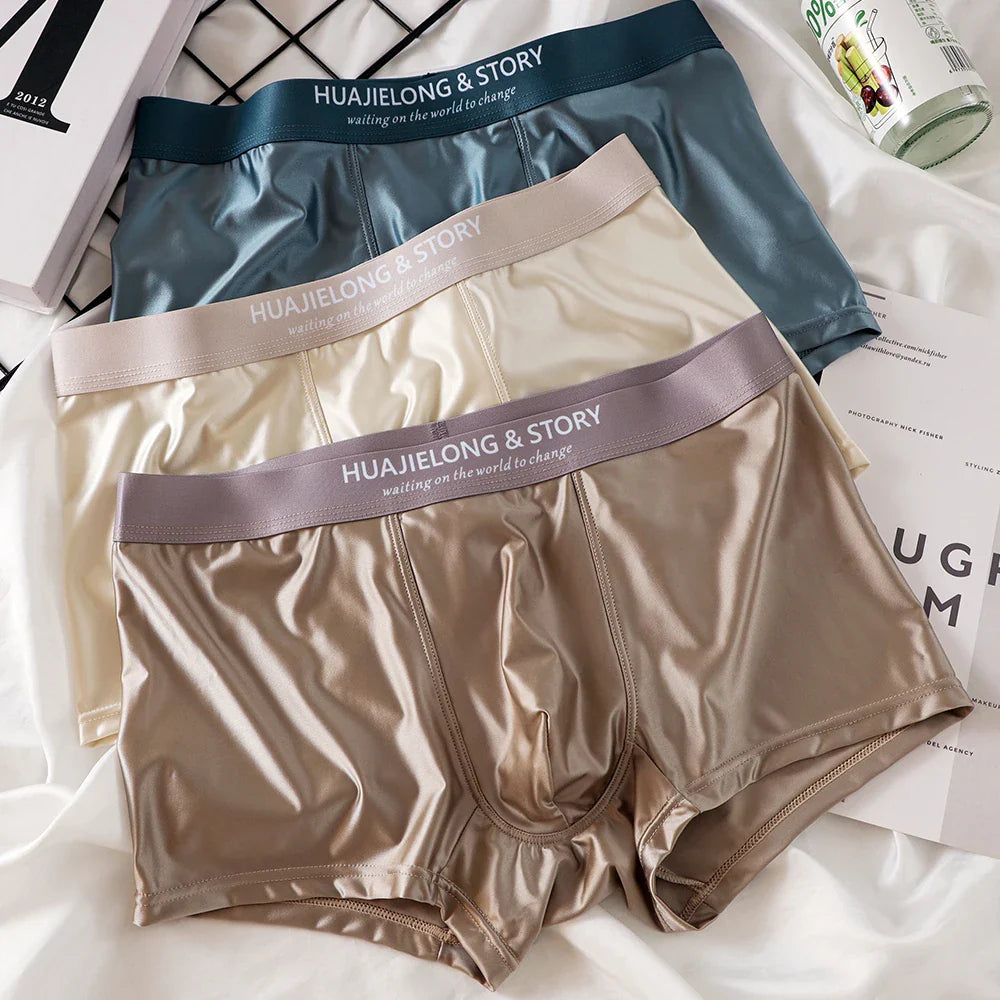 Men’s 3-Pack Ice Silk Satin Boxers, Luxury Smooth Breathable Mesh Crotch Underwear, Summer Cool Solid Fit Boxer Shorts