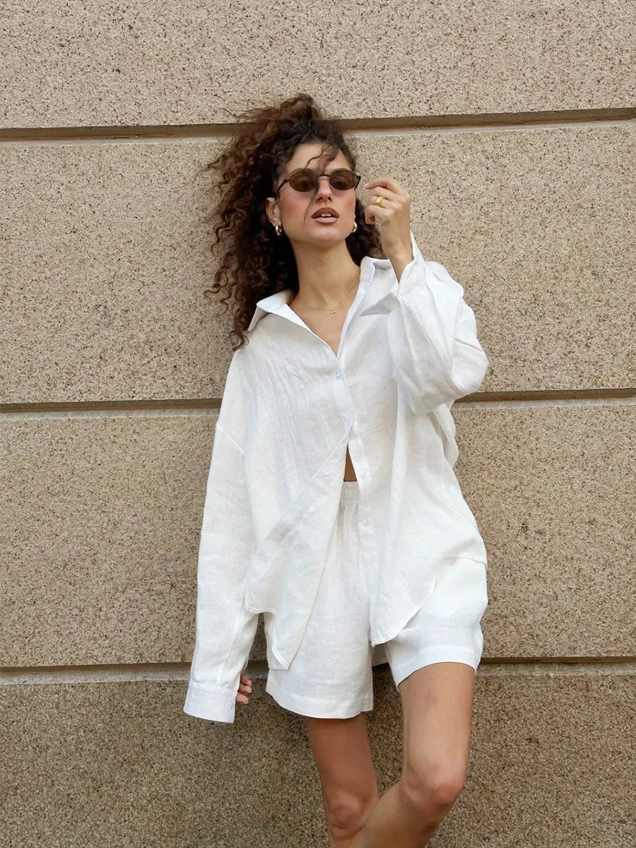 Bornladies Women’s Cotton Casual Shorts Set – Solid Color Lapel Long Sleeve Shirt & Elastic Waist Shorts Outfit for Daily Wear & Vacation Style