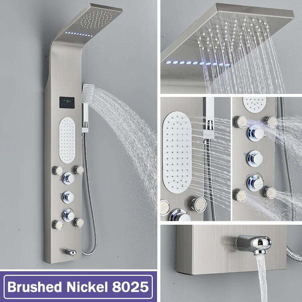 LED Waterfall Shower Panel System - Black In-Wall Rain Shower with Spa Massage Sprayer & Bidet Tap