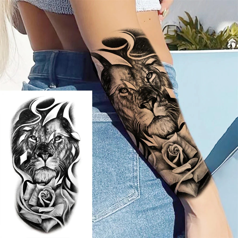 Full Arm Temporary Tattoo Sleeve - Realistic Warrior Lion Tiger Flower & Maori Design Fake Tattoos