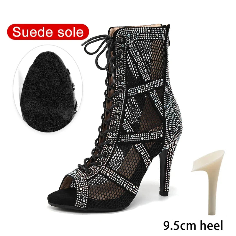 Women’s Rhinestone Latin Dance Boots - Shiny Jazz Dance Shoes with Slim High Heels