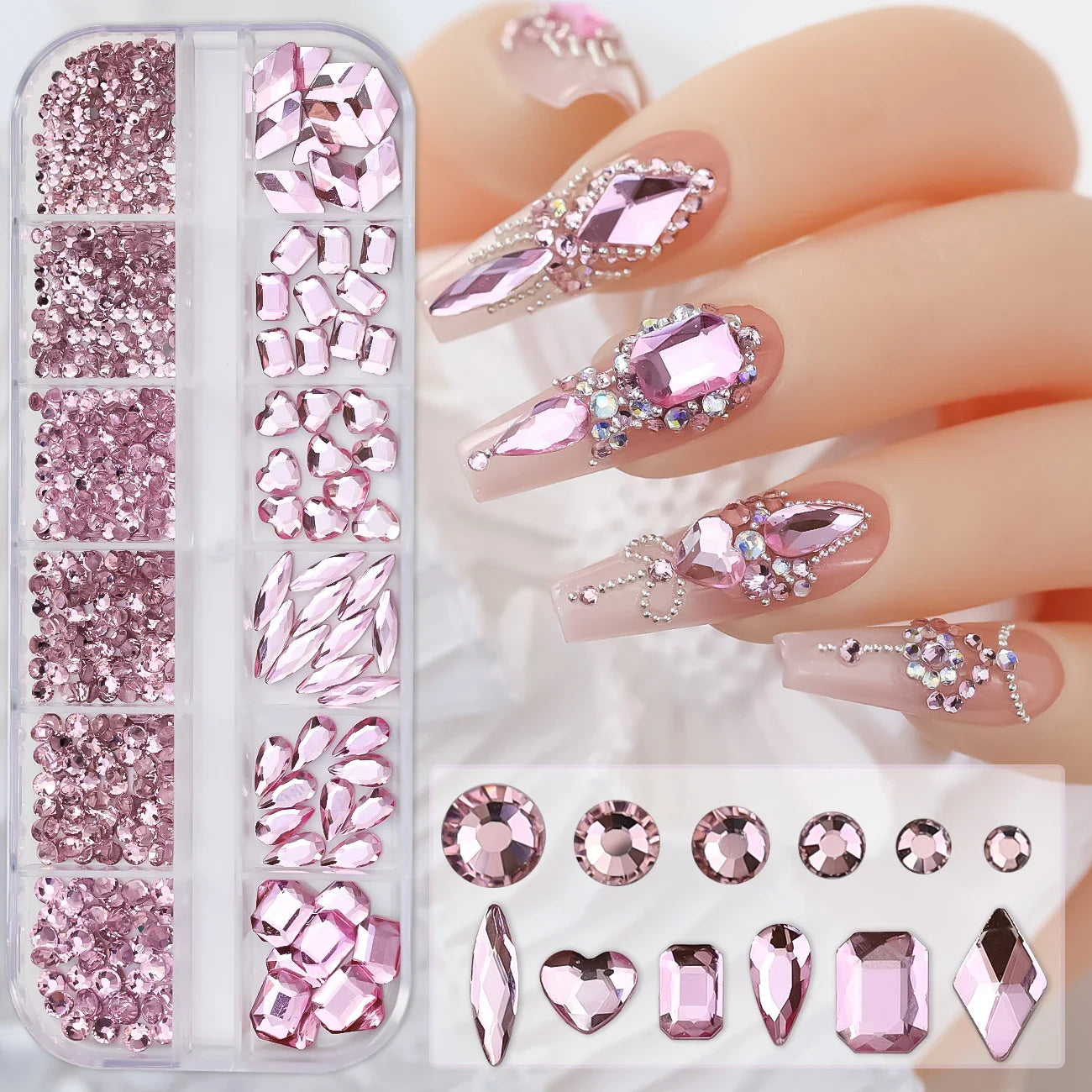 12-Grid Mixed Nail Rhinestones SS6-SS30 – Shiny Flat-Back Gems in Clear, Gold, Pink & Blue for Nail Art Decoration