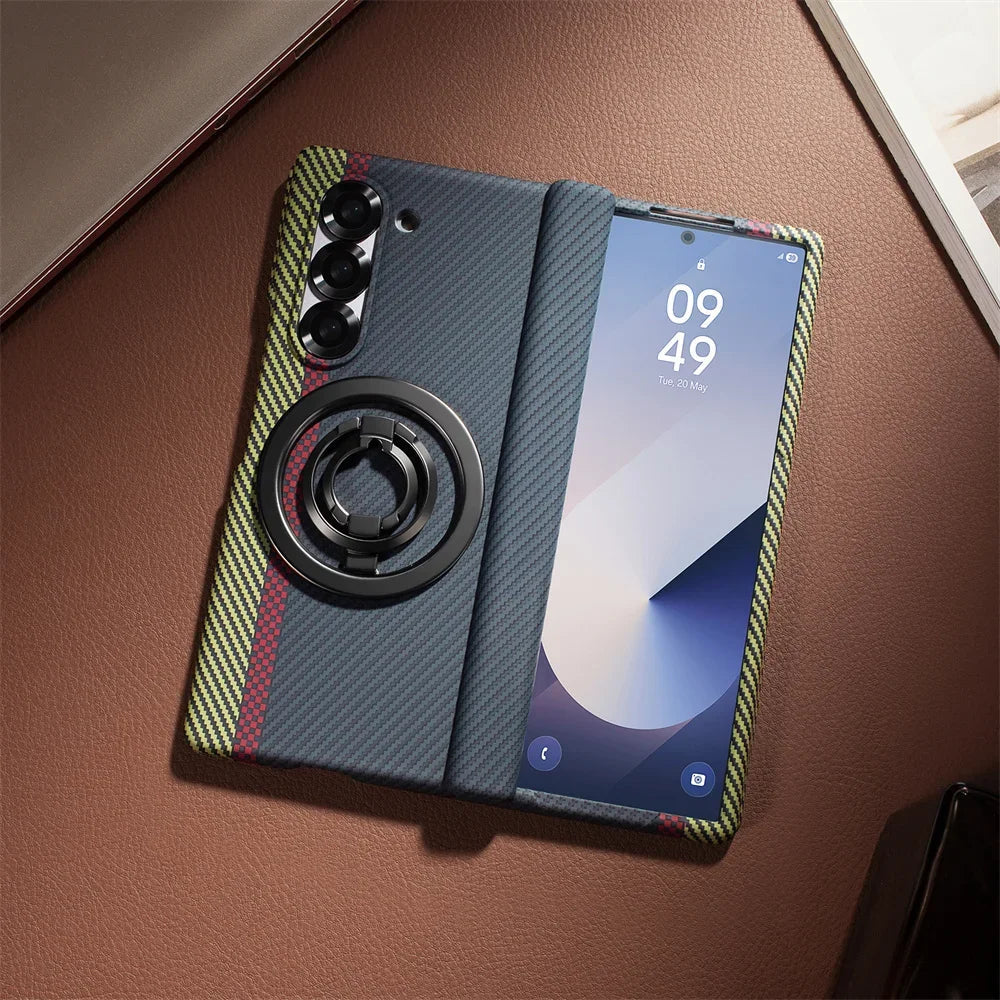 Carbon Fiber Magnetic Phone Case - Slim Shockproof Cover with Ring Holder Kickstand for Samsung Galaxy Z Fold 7/6/5/4/3 5G