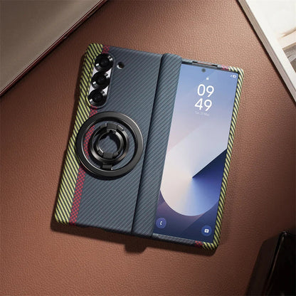 Carbon Fiber Magnetic Phone Case - Slim Shockproof Cover with Ring Holder Kickstand for Samsung Galaxy Z Fold 7/6/5/4/3 5G
