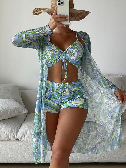 3-Piece Sexy Print Bikini Set - High Waist Swimsuit with Kimono Cover-Up Summer Beachwear