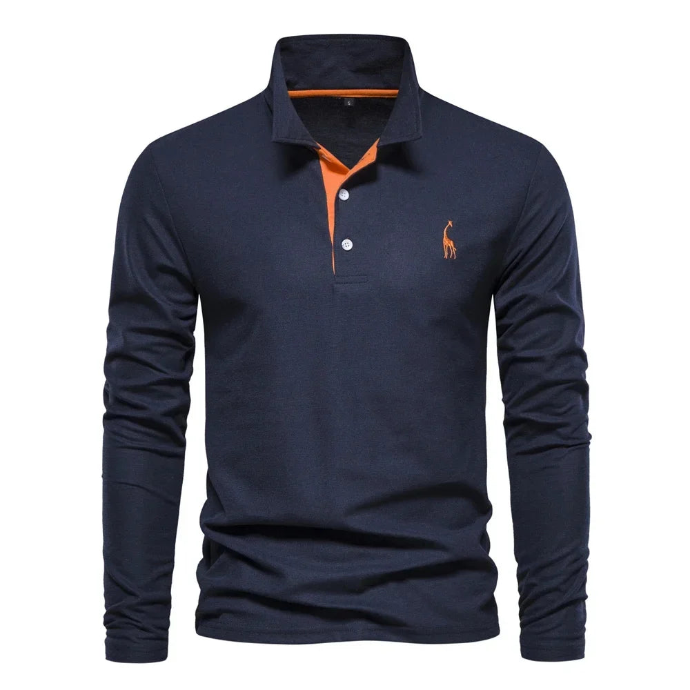 Men's Long Sleeve Embroidered Polo Shirt - Business Casual Solid Color Deer Design