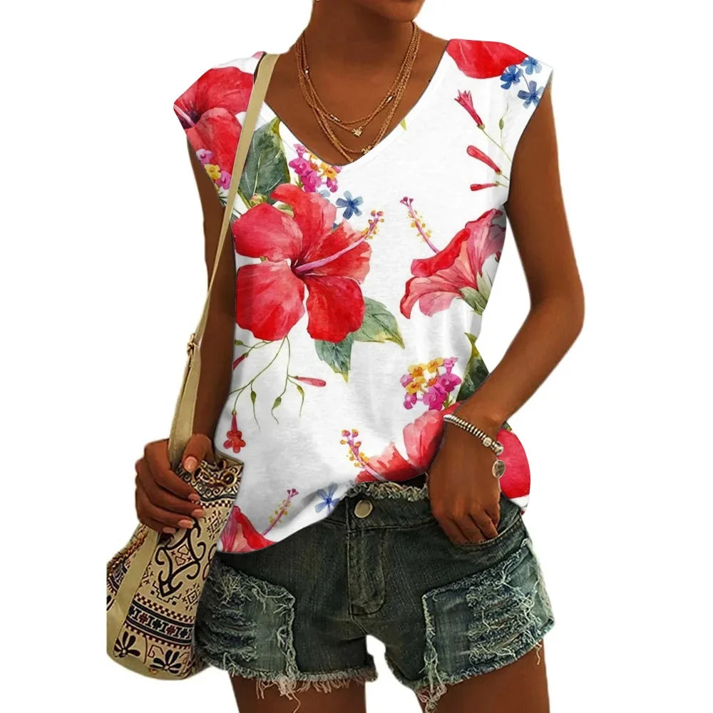Women’s Floral Print T-Shirt - V Neck Cap Sleeve Loose Fit Summer Beach Top with Breathable Casual Style