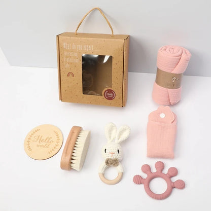 Newborn Baby Bath Gift Set - Cotton Blanket, Saliva Towel, Rattle Toy & Soft Brush Kit