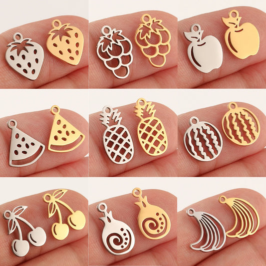 5pcs Stainless Steel Fruit Charms – Strawberry, Cherry, Pineapple & Watermelon Pendants for DIY Bracelets & Necklace Jewelry Making